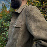 J07 type III trucker jacket in olive nubuck kudu leather with hand-stitched details