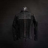 J11 double rider jacket in heavy waxed calf suede with .99 silver crucifix staples