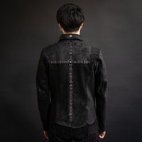 J11 double rider jacket in heavy waxed calf suede with .99 silver crucifix staples