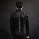 J11 double rider jacket in heavy waxed calf suede with .99 silver crucifix staples